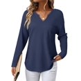 thumbnail image 2 of Womens Tops Waffle Knit Long Sleeve Notched V Neck Shirts Casual Trendy Solid Color Loose Blouses Dark Blue XXL, 2 of 6