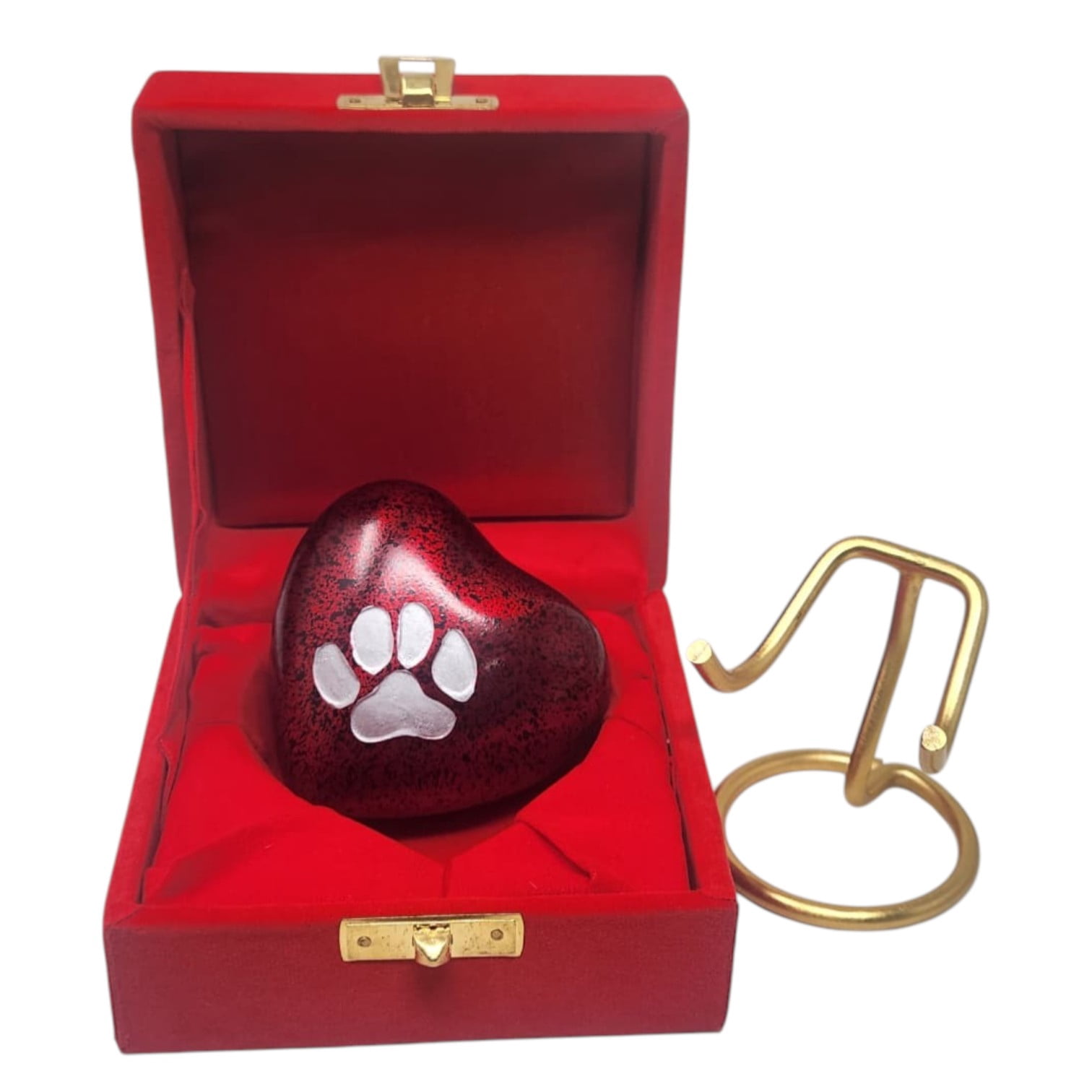 SMIURNS Crimson Red Speckled Heart Pet Cremation Urn - Small Keepsake Urn for Dog or Cat Ashes with Silver Paw Print - Includes Red Velvet Case and Display Stand