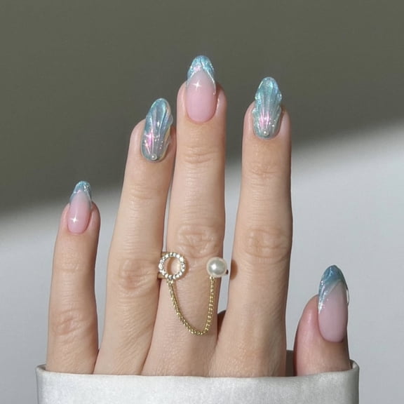 Hot Selling 3D Water Drop Blue Cat Eye Press-On Nails, French Short Almond False Nails