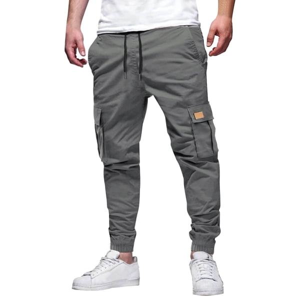 Pantalones cargo de largo completo y cintura media para hombre: estampado a cuadros lisos, cordón, bolsillos; pantalones deportivos informales para la playa, para todas las estaciones, poliéster; t