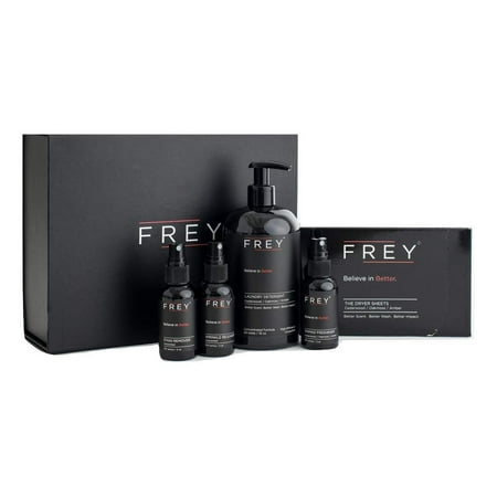 FREY Clothing Care Kit for Men (5 Piece Set) - Great for Sensitive Skin & Environment, Includes Natural Laundry Detergent, Clothing Spray, Dryer Sheets, Wrinkle Releaser, Stain Remover, Natural (Best Clothes Wrinkle Remover)