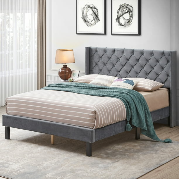 Grey Queen Bed Frame, Modern Velvet Upholstered Platform Bed Frame with