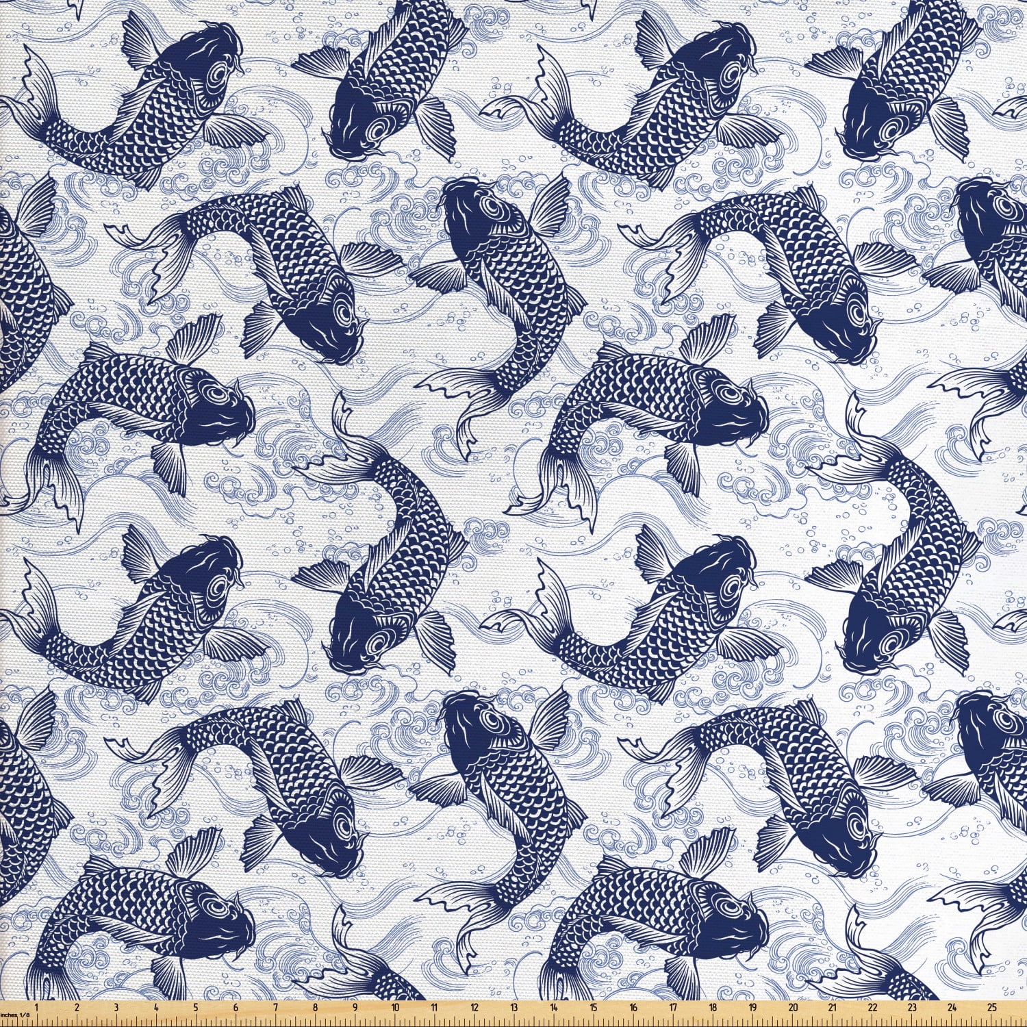 Fish Fabric by The Yard, Japanese Carp Koi with Wave Patterned