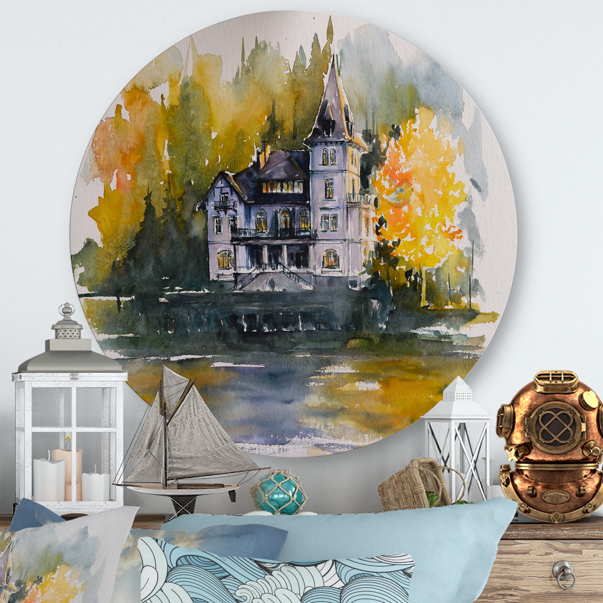 Designart 'Castle With Autumn Trees By The Lake' Lake House Circle Metal Wall Art 11x11 - Disc of 11