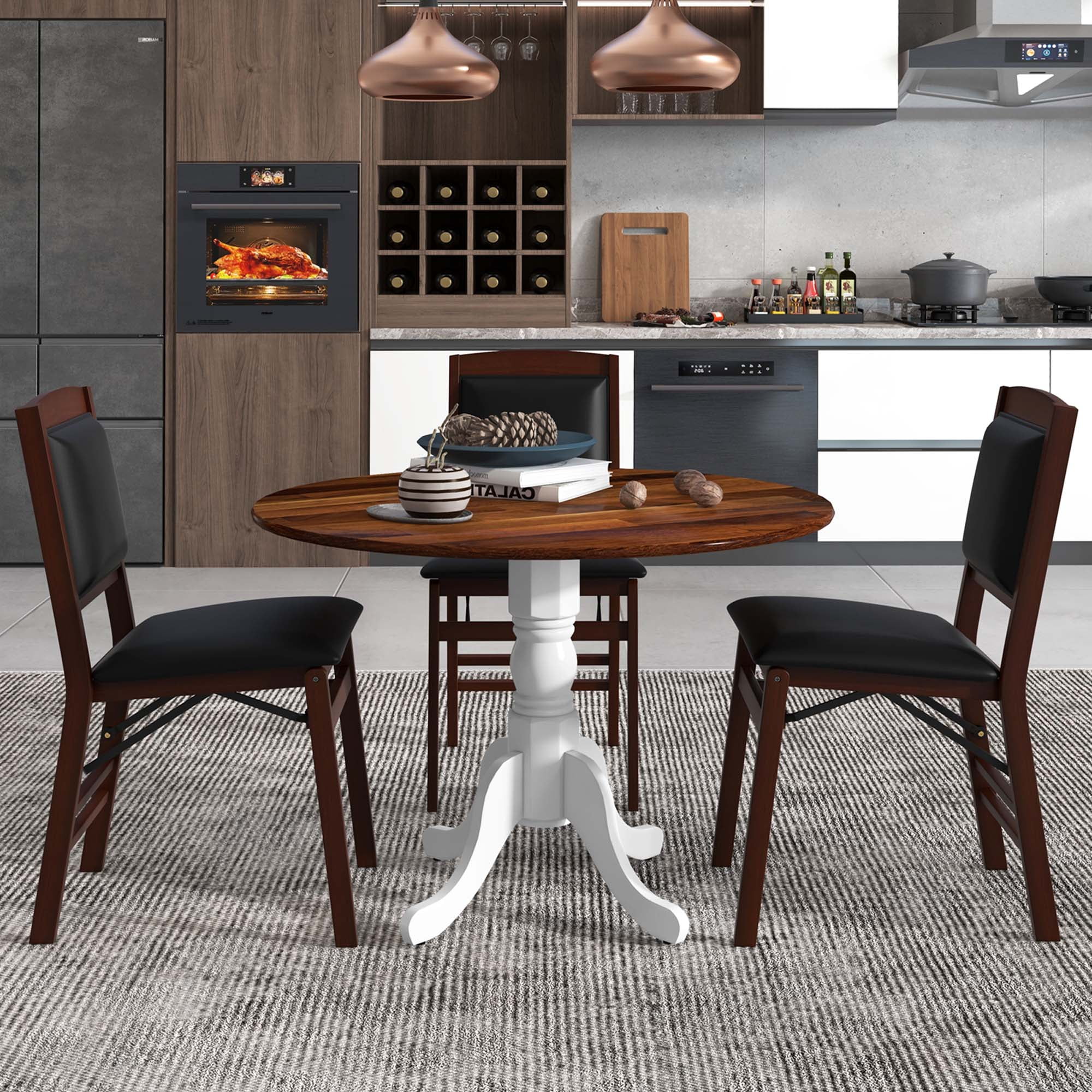 Costway 4-Person Dining Table Wooden Kitchen Table with Solid Rubber Wood Frame for Kitchen White&Walnut