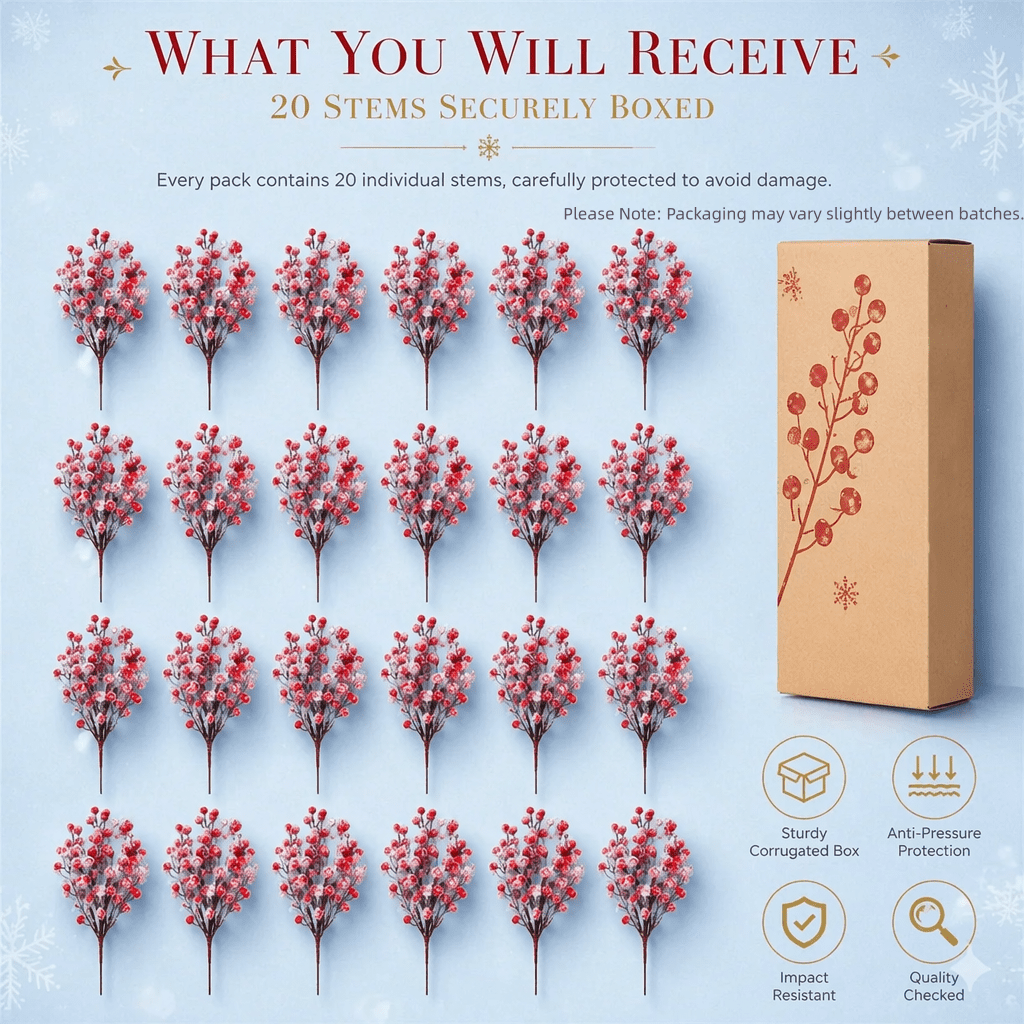 Artrylin 20 Pcs Artificial Holly Berry Stem Picks,Winter Frosted Red Berry Stems,Christmas Holly Berries Decorations,9" Fake Snowy Red Berry Branches,Christmas Tree Ornaments with Snowflake Glitter