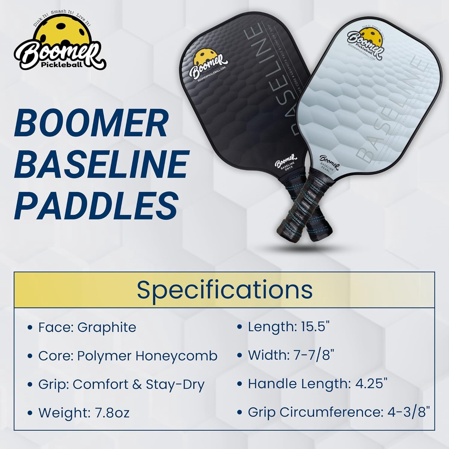 Boomer Baseline Pickleball Paddle Graphite Face with Polymer Honeycomb Core, Cushion Grip, Lightweight 7.8 oz