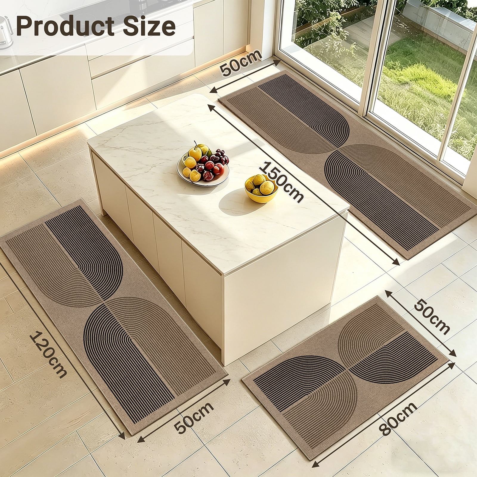 ORGOWEL Easy Jute Kitchen Rug Set of 3 Boho Modern Non-Slip Washable Floor Mat Carpet for Kitchen Sink Laundry Room Hallway, Black & Brown