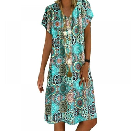 

Orchip Women Short Sleeve Vintage Floral V-Neck Tribal Print Dress #14