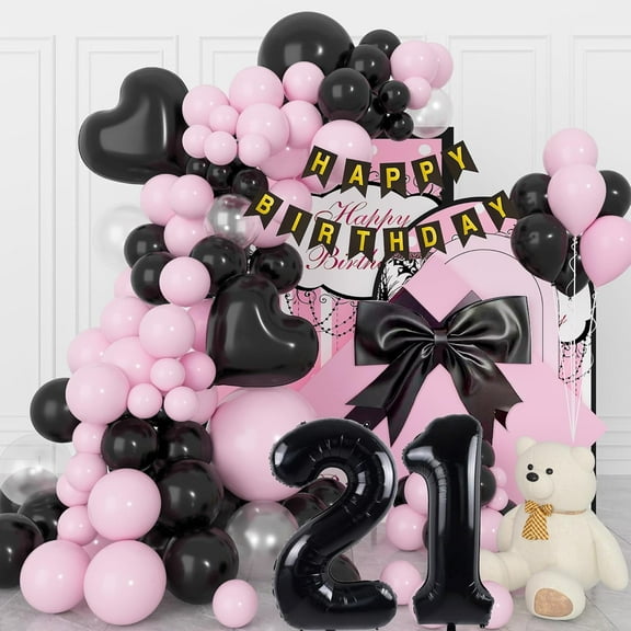 21st Black and Pink Birthday Balloons, 21 Years Birthday Party Decoration for Girl, Happy Birthday Banner for Women Birthday Party
