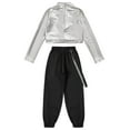 thumbnail image 4 of Alvivi Girls 2pcs Sparkle Jazz Hip Hop Dance Outfit Long Sleeve Crop Top with Cargo Pants Set Silver 16, 4 of 5