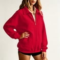 thumbnail image 6 of Women's Solid Full Zip High Collar Sweatshirt Long Sleeve Loose Casual Zip up Jacket with Pockets Lightweight Hoodless Outerwear Tops Red, 6 of 6