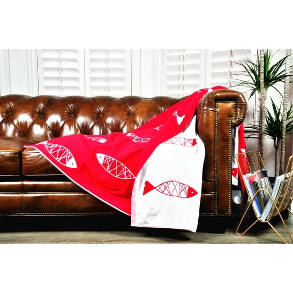 100% Cotton , Three layers woven,breathable and absorbs moisture Quilted Throw Blanket (Red and White fish Design)
