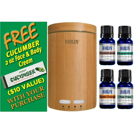 Best Essential Oil Diffuser with 4 FREE Essential Oils & Cucumber Cream(Peppermint, Tea Tree, Frankincense & Orange) Real Bamboo Diffuser by