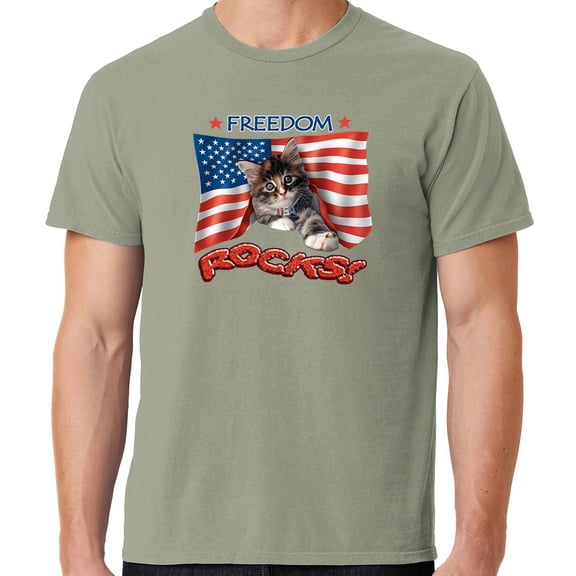Mens Freedom Rocks Patriotic Kitten Cotton Tee Shirt, Large Walnut