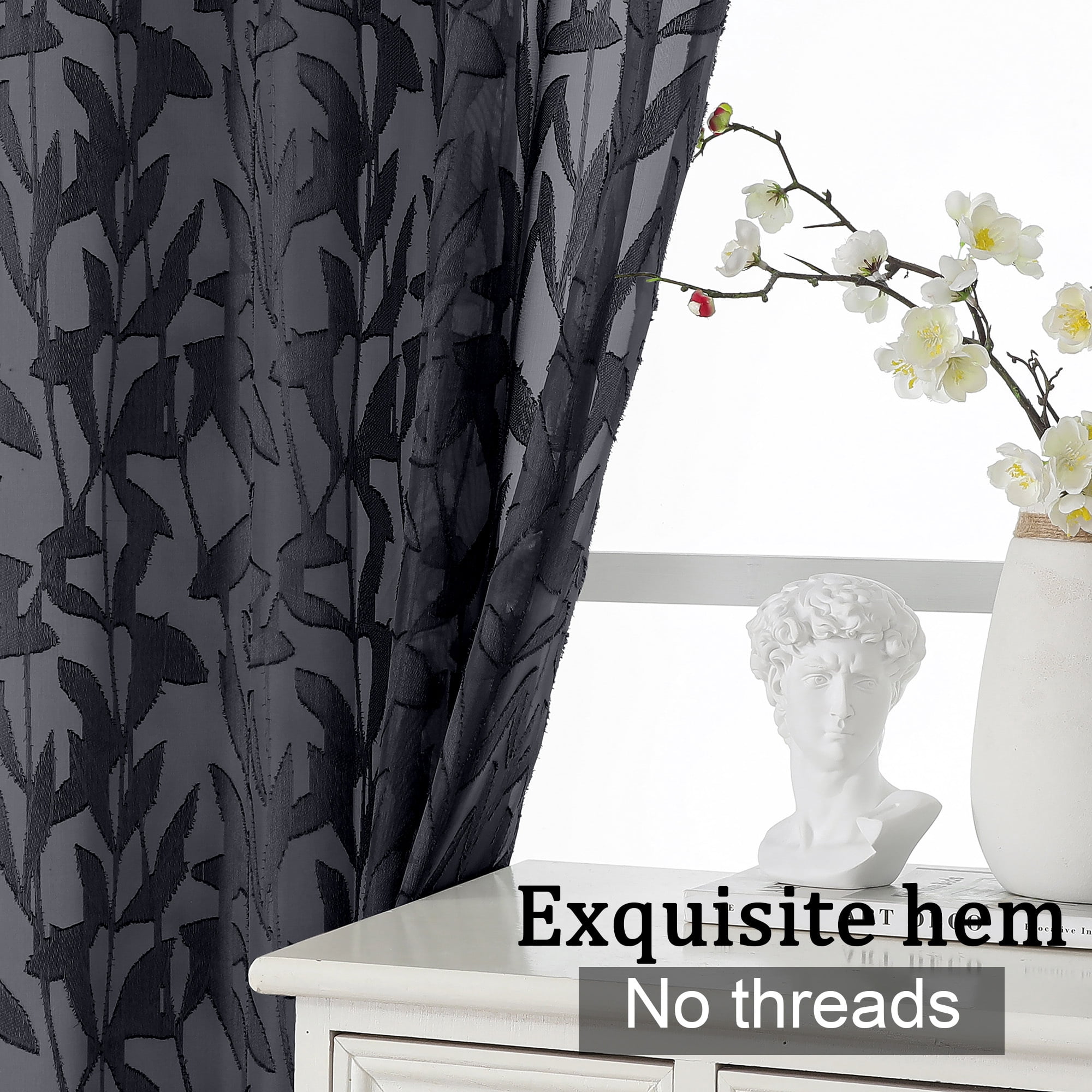 OVZME Leila Black Sheer Kitchen Curtains 36 Inches Long 2 Panels Set, Light Filtering Jacquard Sheer Tiers, Small Windows Curtains with Dual Rod Pocket, 40W x 36L Inch, Black