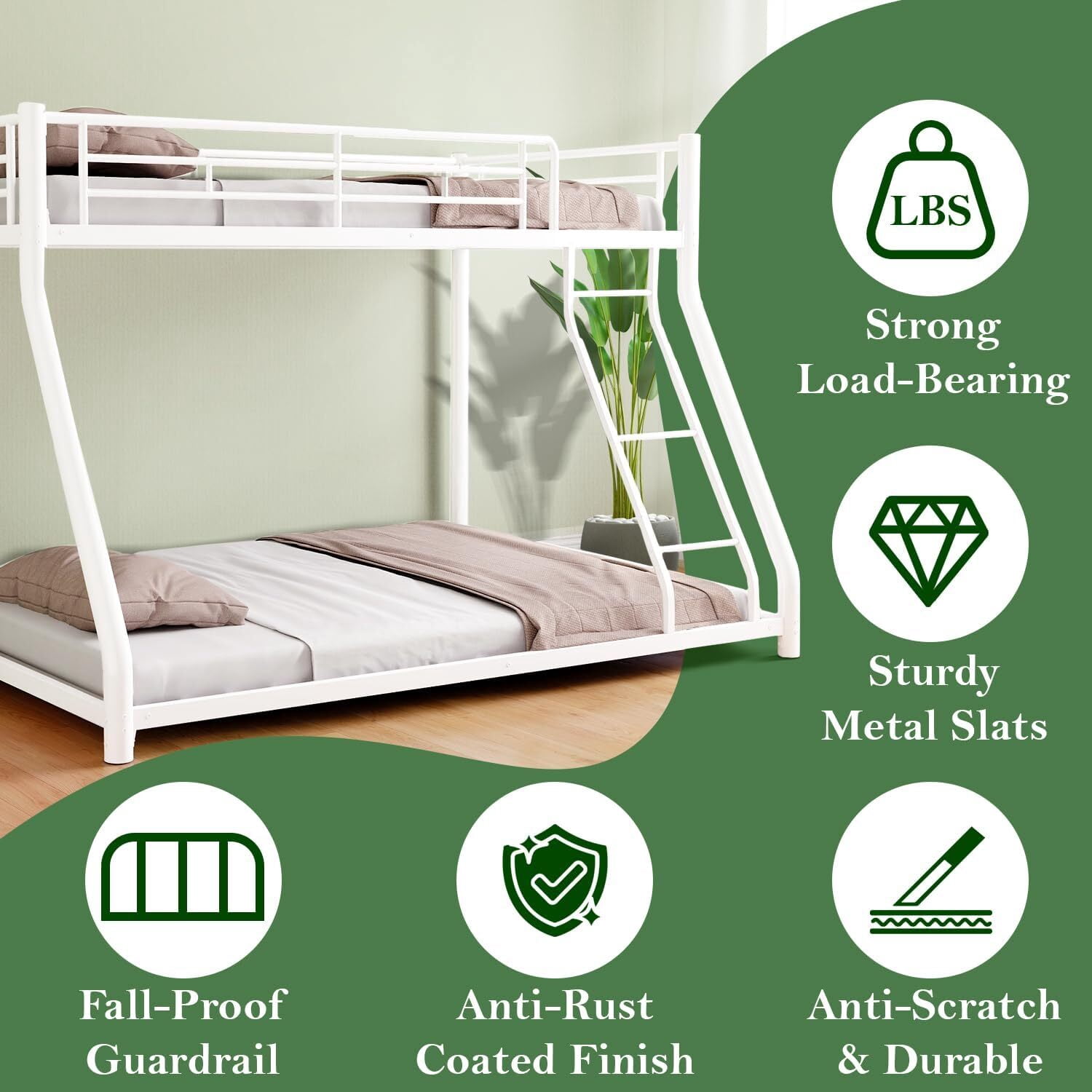 Alvantor Twin over Full Size Metal Bunk Bed for Kids Teens, Heavy Duty Ded Frame with Guardrail and Ladder White