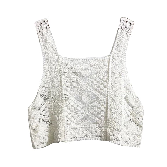 Women Vintage Crochet Vest Hollow Out Floral Knit Sleeveless Crop