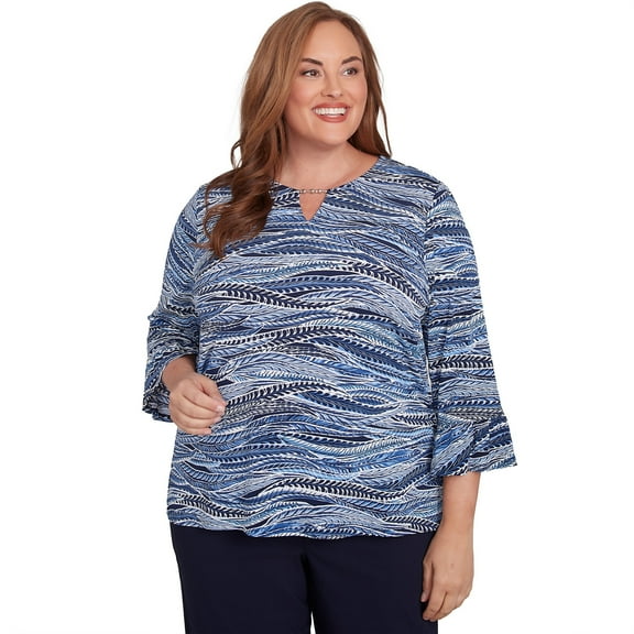 Alfred Dunner Womens Plus-Size Beaded Split Neck Feathers Top