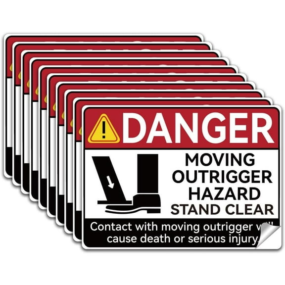 10Pcs Danger Moving Outrigger Warning Label Decal Sticker PVC Hazard Stand Clear Waterproof Safety Sign Stickers Decal Vinyl Self Adhesive Safety Decal for Bucket Crane Truck 7.1x5.1 Inch