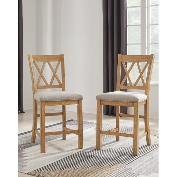 Signature Design by Ashley Havonplane Upholstered Bar Stool Set (2), Brown, Counter Height Chairs with X-Back and Cushioned Seats