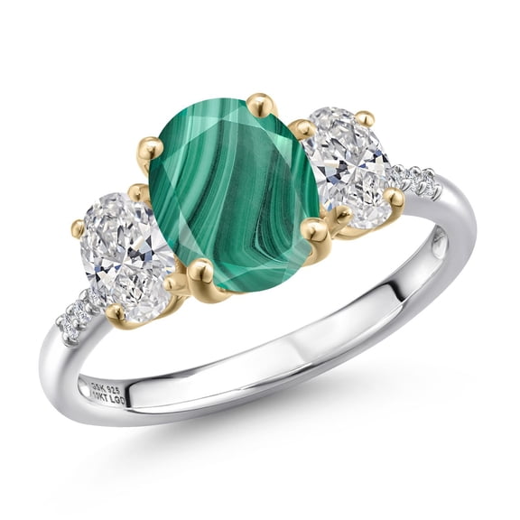 Gem Stone King 925 Silver and 10K Yellow Gold Green Malachite and DEF Lab Grown Diamond Engagement Ring for Women | 3.56 Cttw | Oval 9X7MM | Birthstone | Size 8