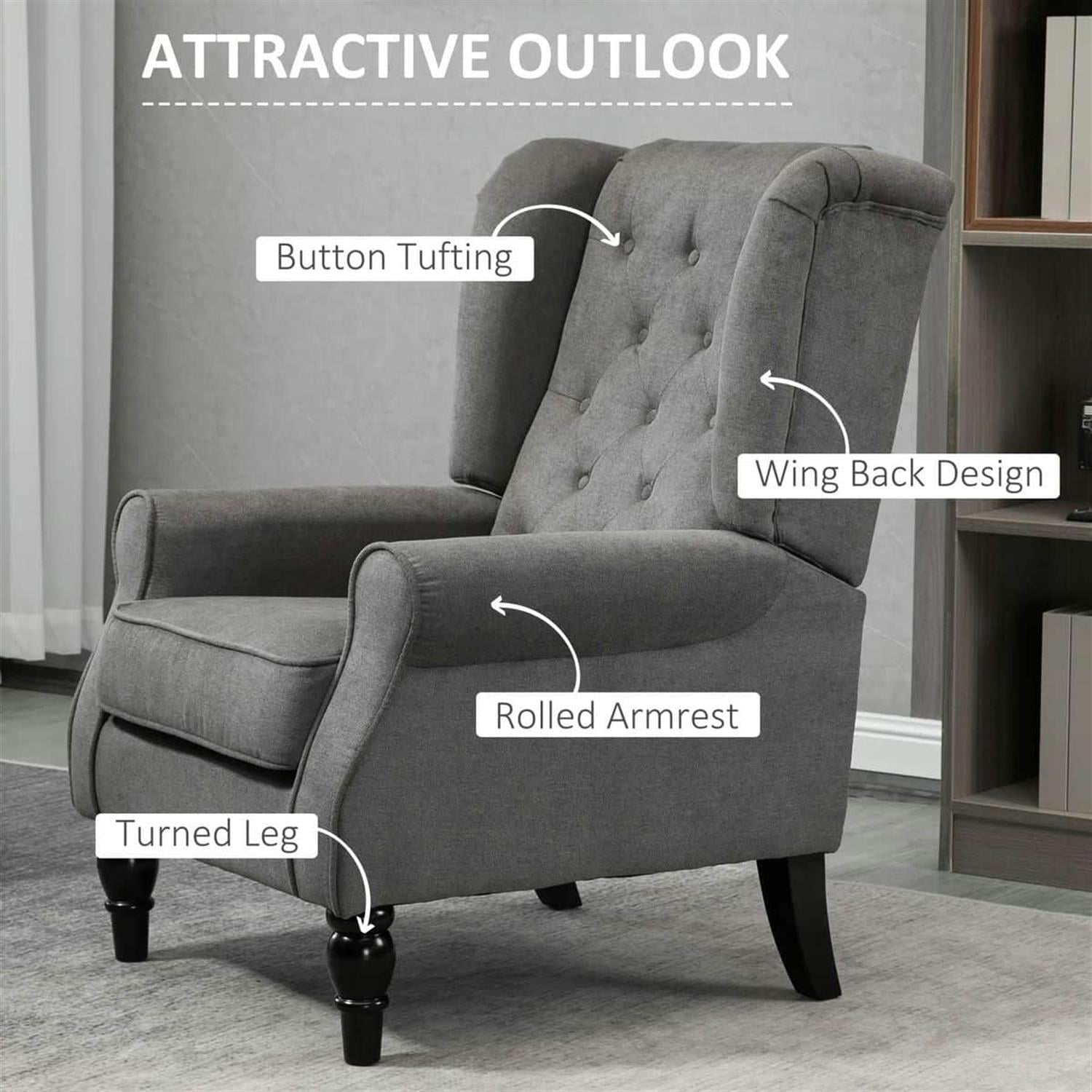 Demi Bonn 40" Modern Upholstered Armchair with High Back Button Tufted, Mid-Century Retro Wood Leg Chair for Living Room, Bedroom, Dark Gray