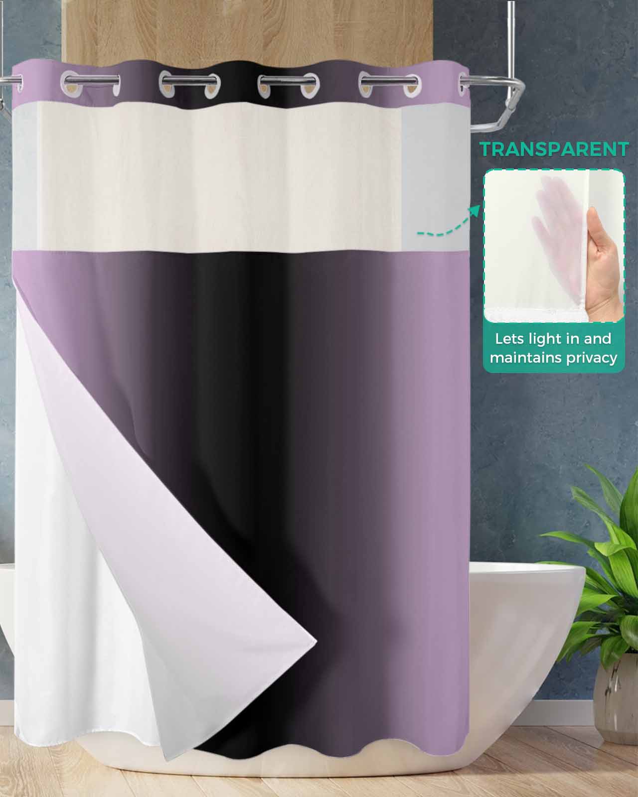 No Hook Shower Curtain with Snap in Liner, Ombre Abstract Gradient Purple and Black Hotel Shower Curtains for Bathroom, Washable Shower Curtain Liner Set with Mesh Top Window, 72"x84"