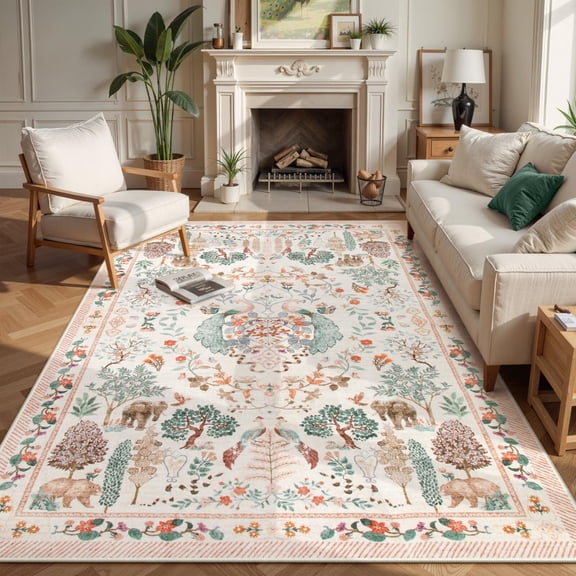 SUNDEREY 8'x10' Floral Washable Rugs, Boho Area Rug for Living Room, Soft Large Bedroom Rug 8x10ft Under Bed, Flower Non Slip Ultra Thin Carpet for Dining Room Nursery Office, Beige