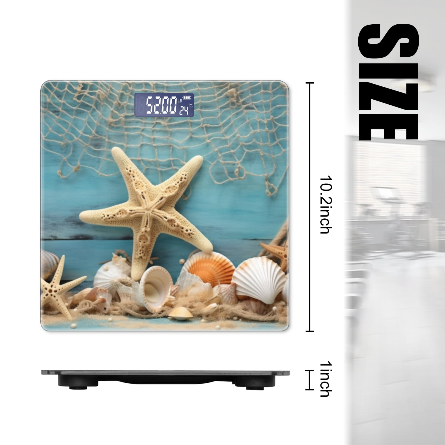 High Precision Body Weight Scale Smart Bathroom Scales with Large LCD Display(400lbs),Decorative for Bedroom-Starfish, And Fishing Nets On Blue Wooden Background