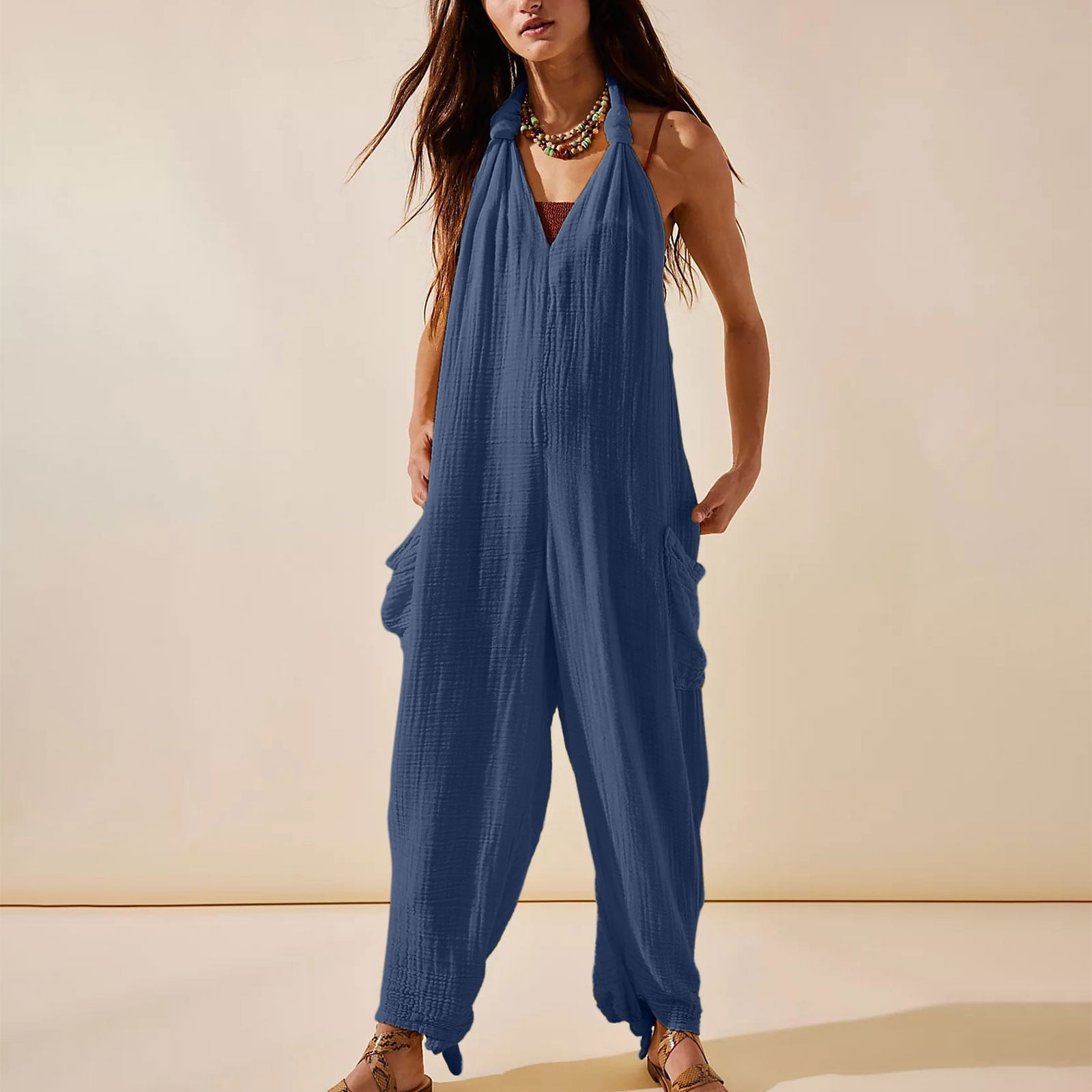 Loose Pocket Strap Jumpsuit, Casual Linen Cotton Playsuit, Side