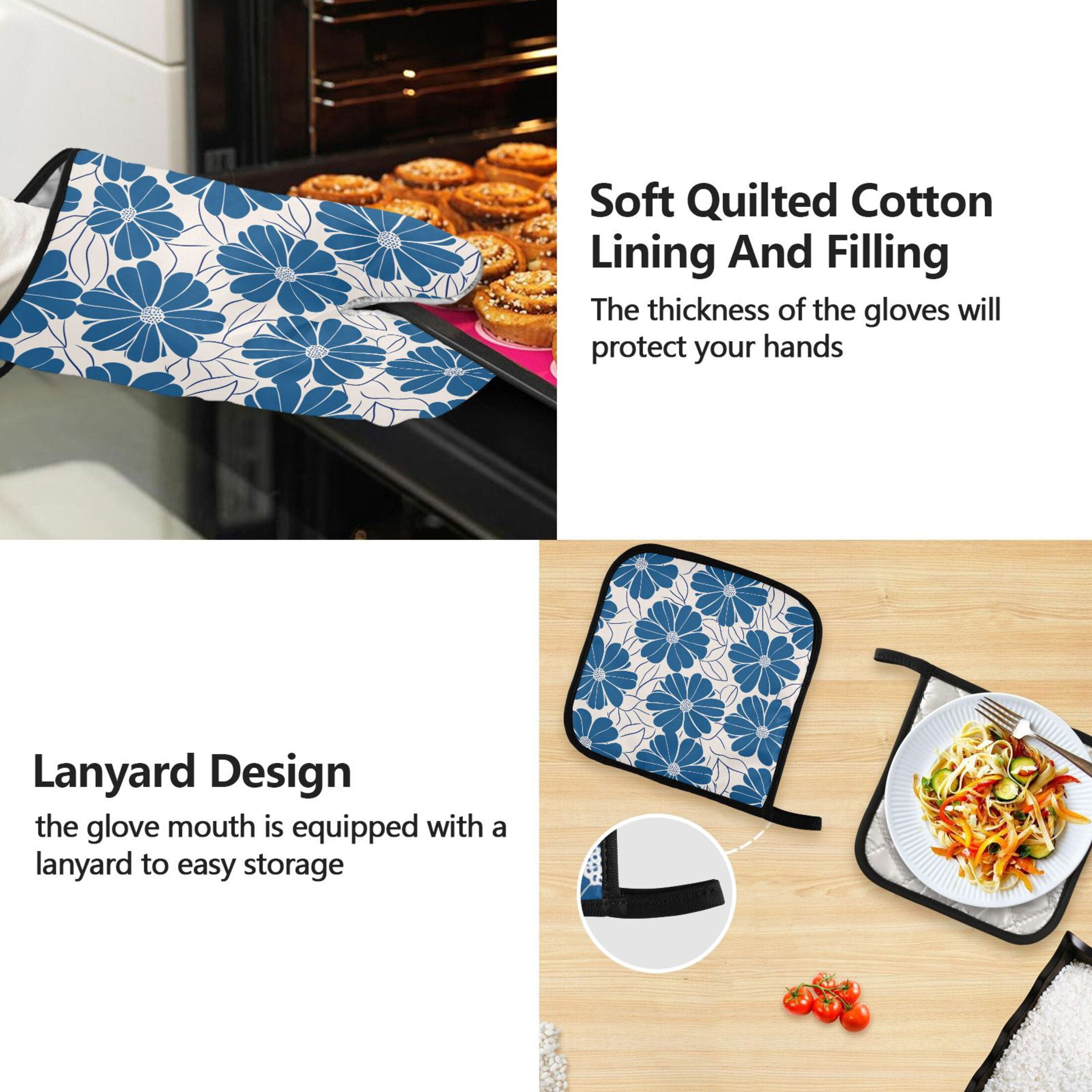 Blue Flowers with Petals 5 Pcs Kitchen Set Heat Resistant Oven Mitts and Non-Slip Pot Holders with Adjustable Cooking Apron