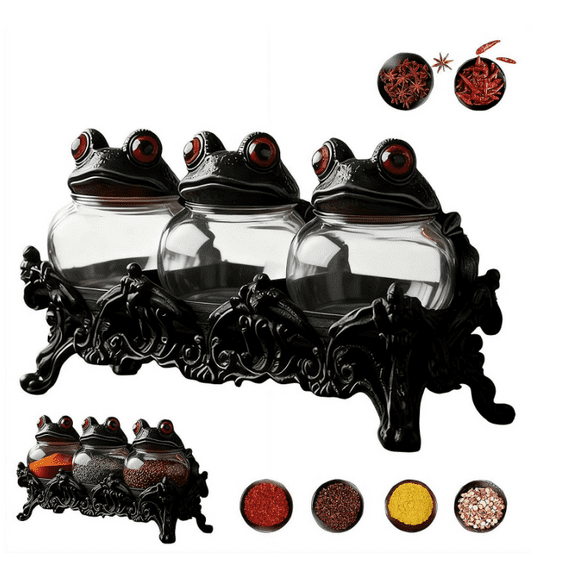 Handcrafted Witchy Frog Apothecary Spice Jars, Unique Vintage Jars with Frog Lids, 3 Piece Frog Spice Jar Set for Salt Pepper and Herbs, Witchcore Kitchen Décor for Spices