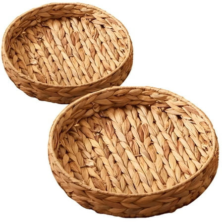 2 Pcs Round Wicker Storage Trays, Large and Small Woven Trays for Coffee Table, Natural Water Hyacinth Serving Trays for Decor and Organization