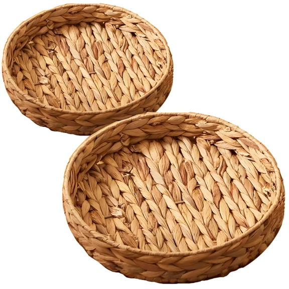 2 Pcs Round Wicker Storage Trays, Large and Small Woven Trays for Coffee Table, Natural Water Hyacinth Serving Trays for Decor and Organization
