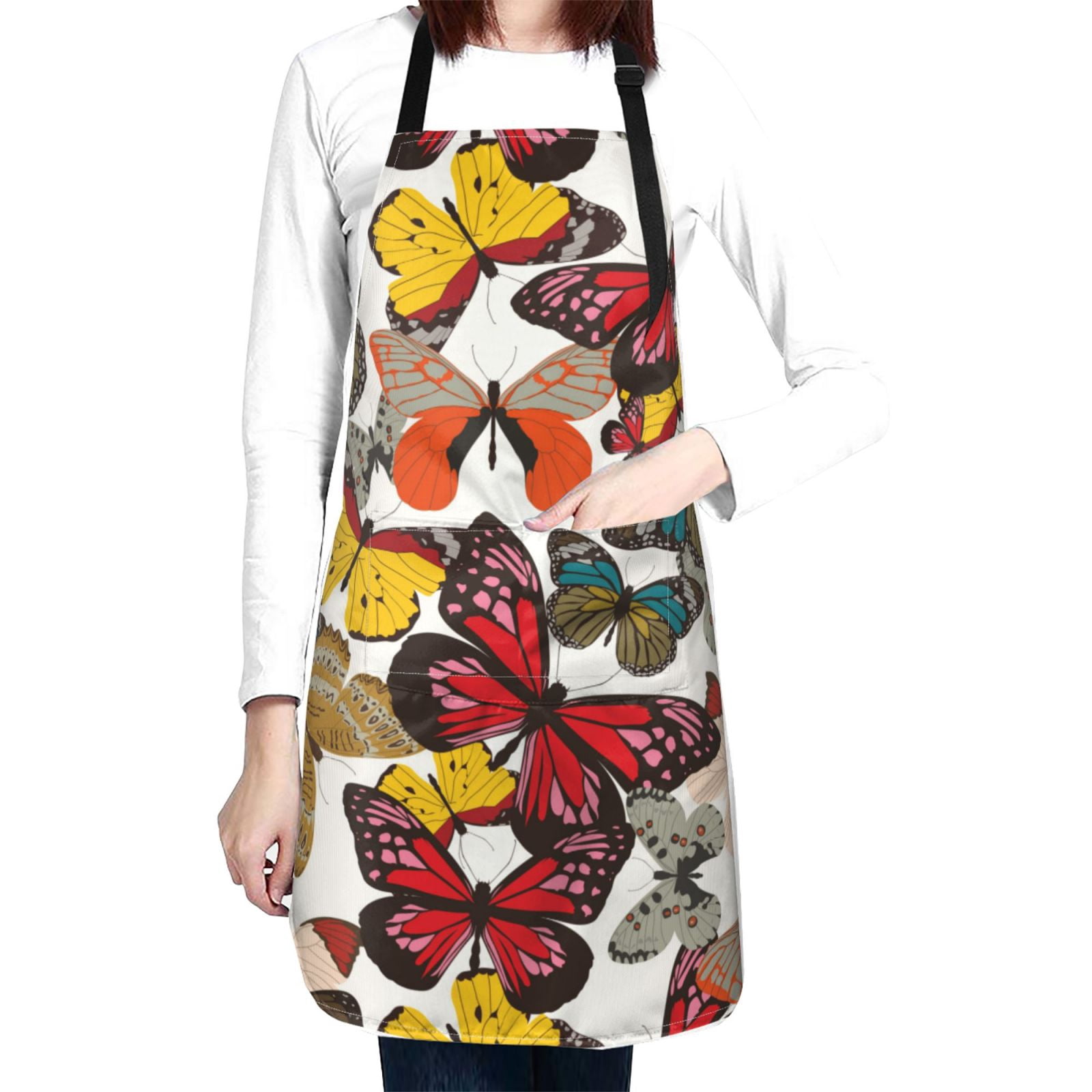 Kdxio Retro Floral Butterfly Apron with Pockets Adjustable Kitchen Aprons for Men Women Waterproof Aprons for Cooking,Drawing,Crafting, Baking Household Cleaning