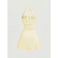 thumbnail image 2 of Womens Light Yellow Halter Neck Ruched Waist A-Line Mini Dress, 2 of 5