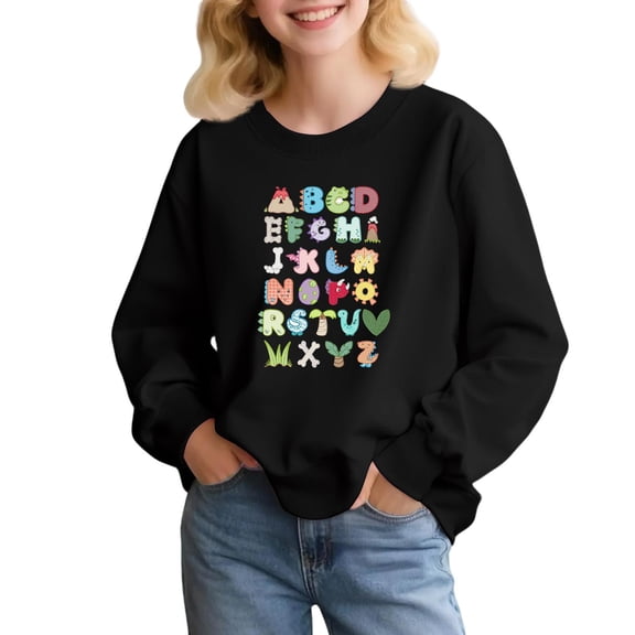 Alphabet Graphic Pullover Sweatshirt for Children's Long Sleeve Crewneck Top Soft Casual Loose Fit Comfortable Wear