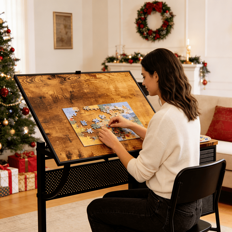 SDJPOI 1500 Pieces Large Puzzle Table with Wooden Cover, Adjustable Height & Angle Puzzle Table with 4 Trays & 2 Drawer, drafting table for Adults Christmas Birthday Gift