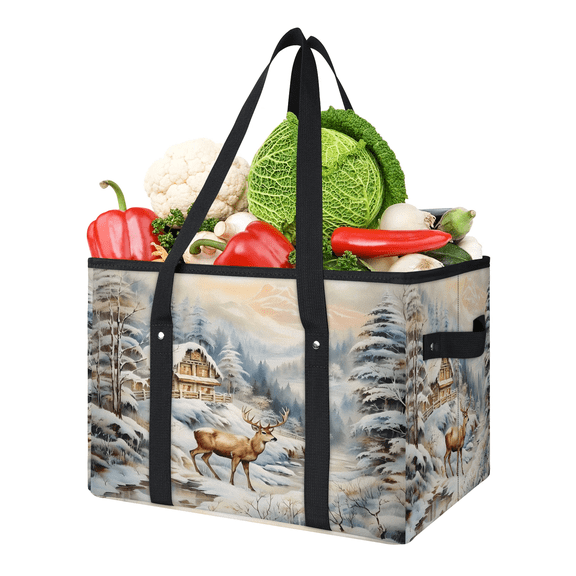 ADECORIVY Deer Cabin Reusable Grocery Bags, Foldable Shopping Bags for Groceries with Handles, Large Grocery Tote for Kitchen, Market, Car, Trunk, Picnic
