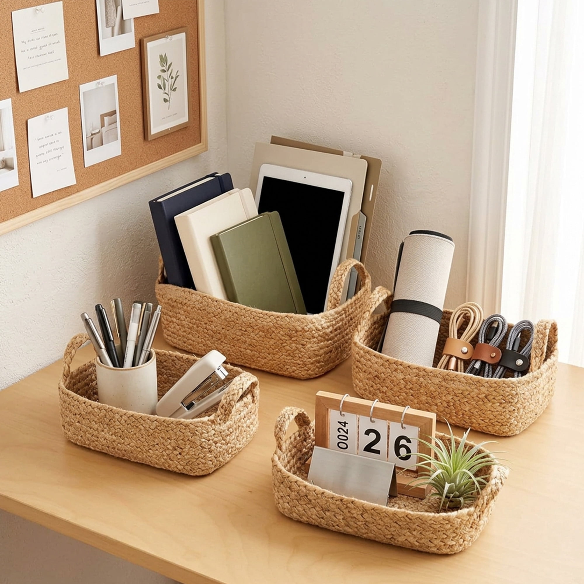 Ngardk Storage Baskets,  Cube Storage Bins, Cube Organizer Bins, Basket for Organizing, Jute Rope Baskets for Shelves, Pack of 4, Multi Sizes, Jute Color