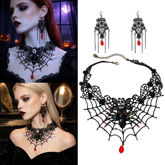 Leeye Witch Figure Halloween Gothic Choker Necklace Dangle Earrings Black Lace Blood Red Crystal Jewelry Cosplay For Hallowe Party