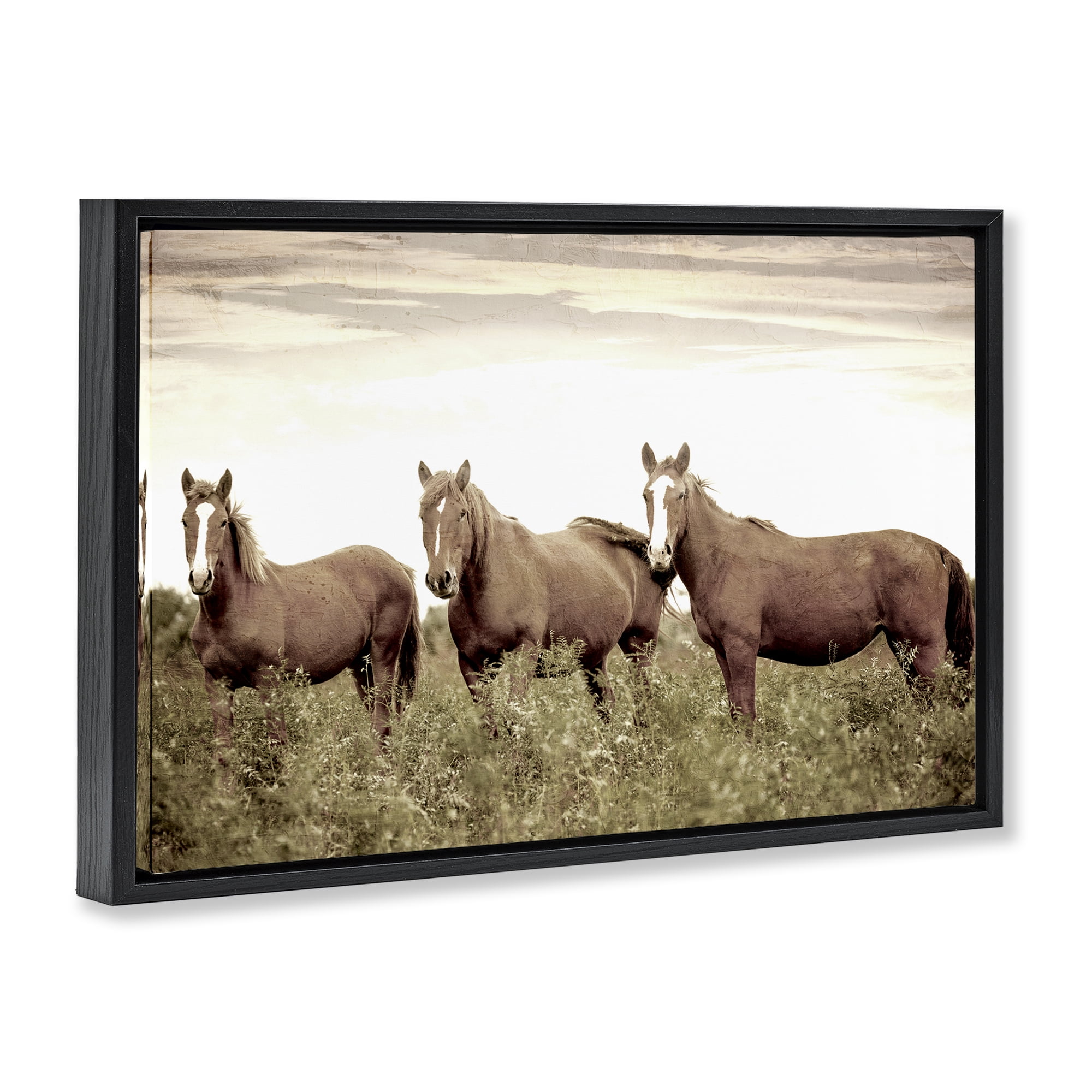 Stupell Industries Horse Trio Gaze Animals Painting Black Floater Framed Canvas Art Print Wall Art, 31 x 21