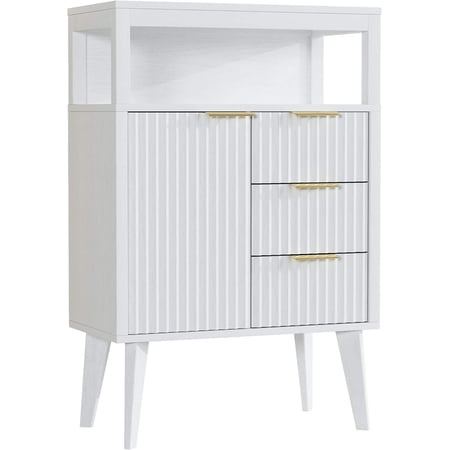 White Bathroom Floor Cabinet with 3 Fluted Drawers & Door, Open Shelf, Modern Storage Sideboard for Living Room or Entryway, 23.6 x 11.8 x 34.6 Inches
