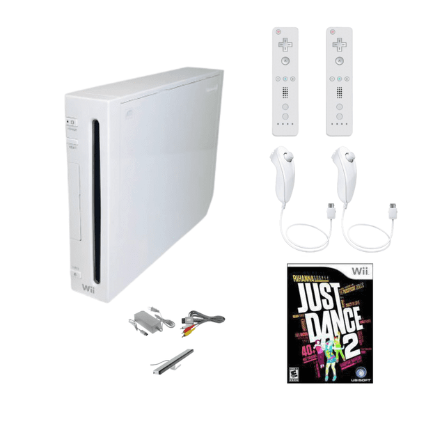 Nintendo Wii Gaming Console White Bundle with Just Dance 2 Game, 2 Remotes & 2 Nunchuks (Refurbished)