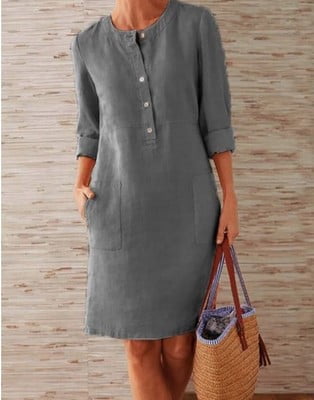 Women Autumn Cotton Linen Fashion Button O-Neck Long Sleeve Pocket Solid Dresses
