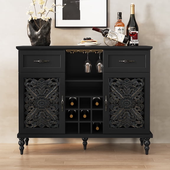 CBJCBJ 47" Wine Bar Cabinet with wine glass holder, Retro Coffee Bar Cabinet with Storage, for Dining Room,Black