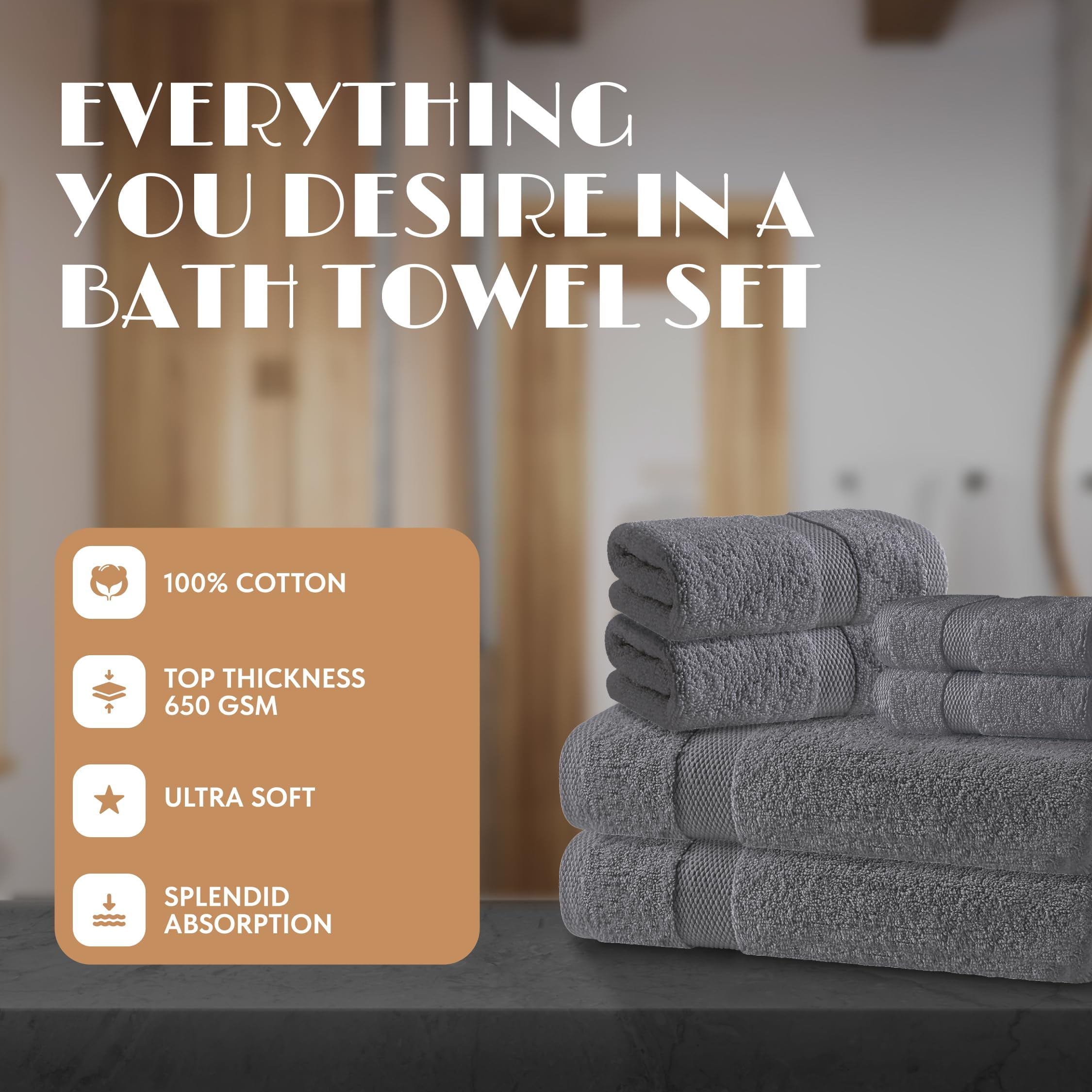 White Classic Gray Bath Towel Set of 6 - 100% Cotton Highly Absorbent Towels for Bathroom, 2 Luxury Bath Towels 650GSM, 2 Hand Towels, 2 Washcloths