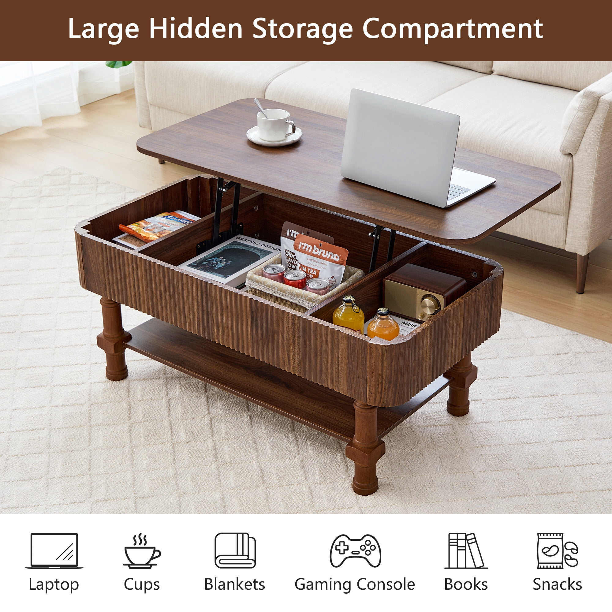 YOCWO Wood Roman Column Lift Top Coffee Table with Storage, Fluted Rectangle Coffee Table with Hidden Compartments for Living Room, Walnut