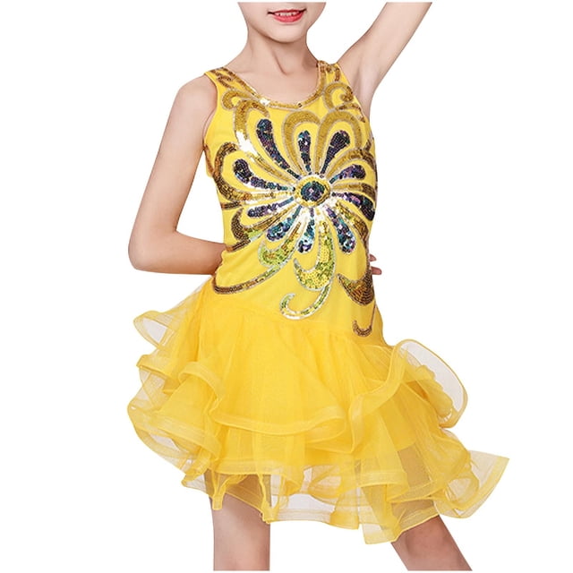 Ashirexll Robe Fille Sans Manches à Col Rond Robe en Mélange de Tulle de Couleur Unie Longueur Genou Jaune 6 Ans